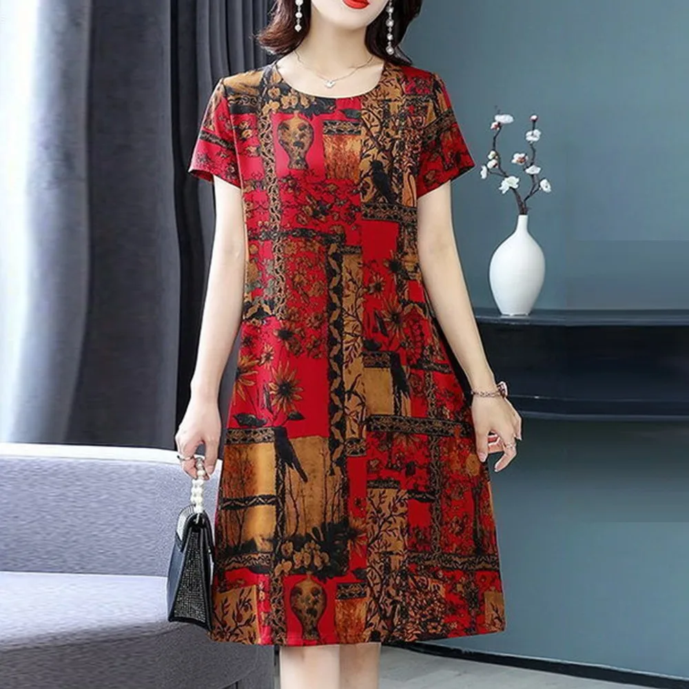 

2023 Vintage Women Dress Loose Waist Casual Office Lady Dress O Neck Short Sleeve Printing Knee-length Lady Dress L-5XL Comfy