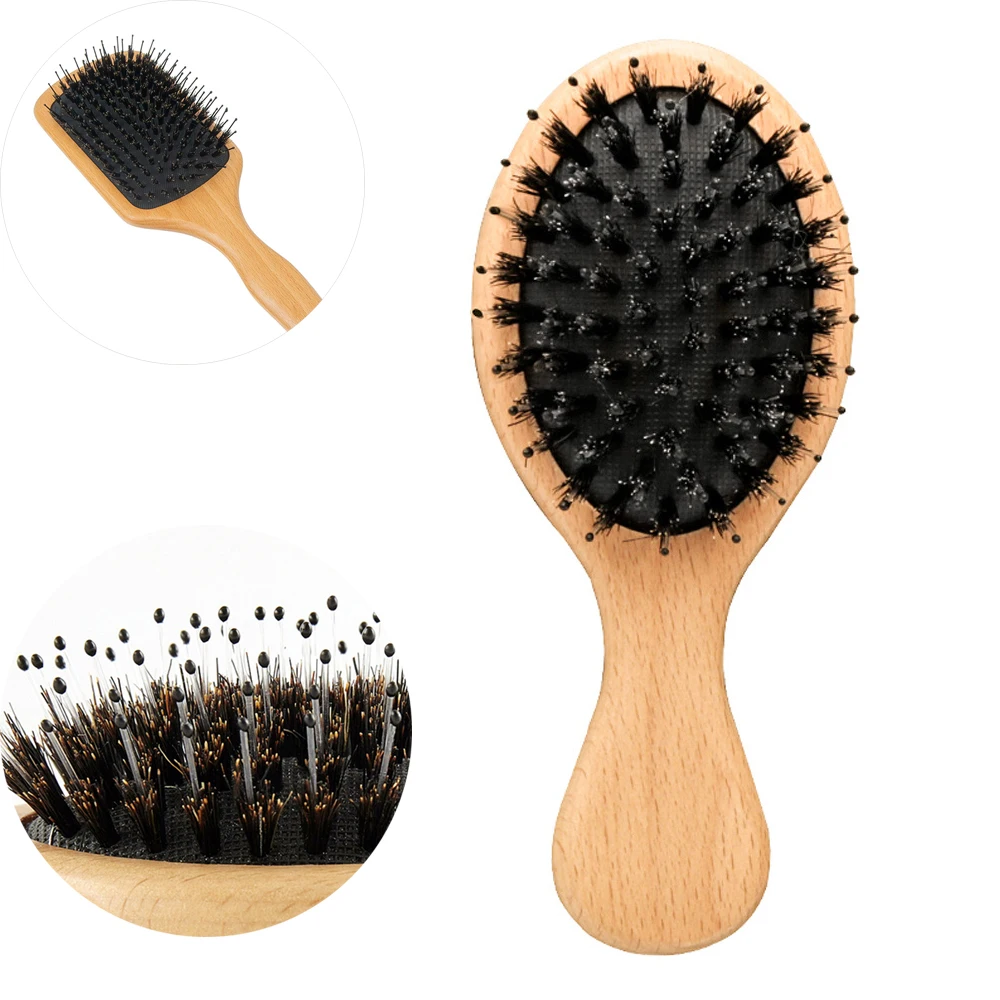 New Wood Handle Natural Boar Bristle Hair Brush Small Hair Brush Bristle Nylon New Salon Detangling Hair Comb Detangling Comb