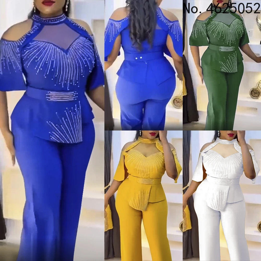 

2 Piece Set dress Women Party Clothes African Dashiki Ankara Outfits 2022 Summer Fashion Diamond Tops Pants Trousers Suits