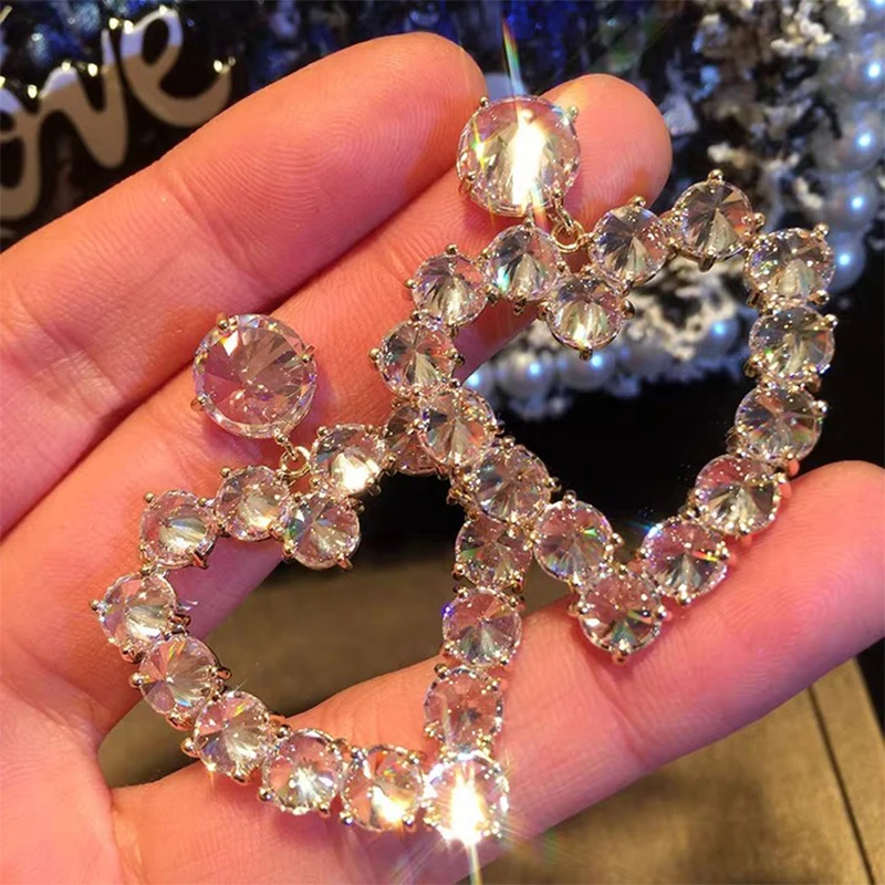 

DREJEW Big Heart Earrings Shiny Full Zircon Crystal Earrings For Women Fashion Love Drop Earrring Bride Wedding Jewelry Gifts