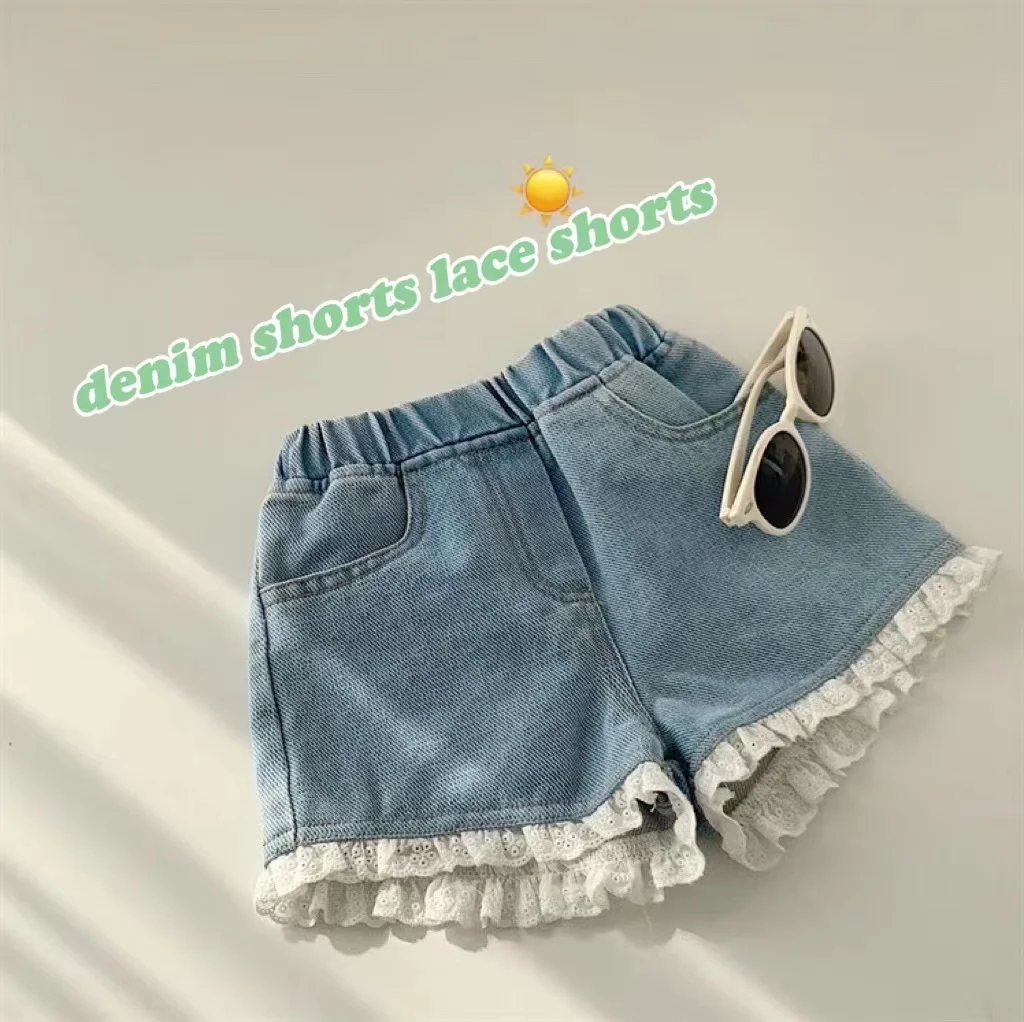 

Summer new Korean children's cute sweet and comfortable soft denim shorts lace lace shorts