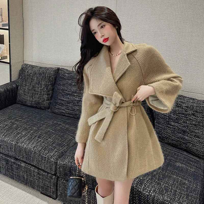 VANOVICH Korean Style Temperament Woolen Coat 2022 New Women's Autumn and Winter Belt Waist Slim Long Thick Mid-length Coats