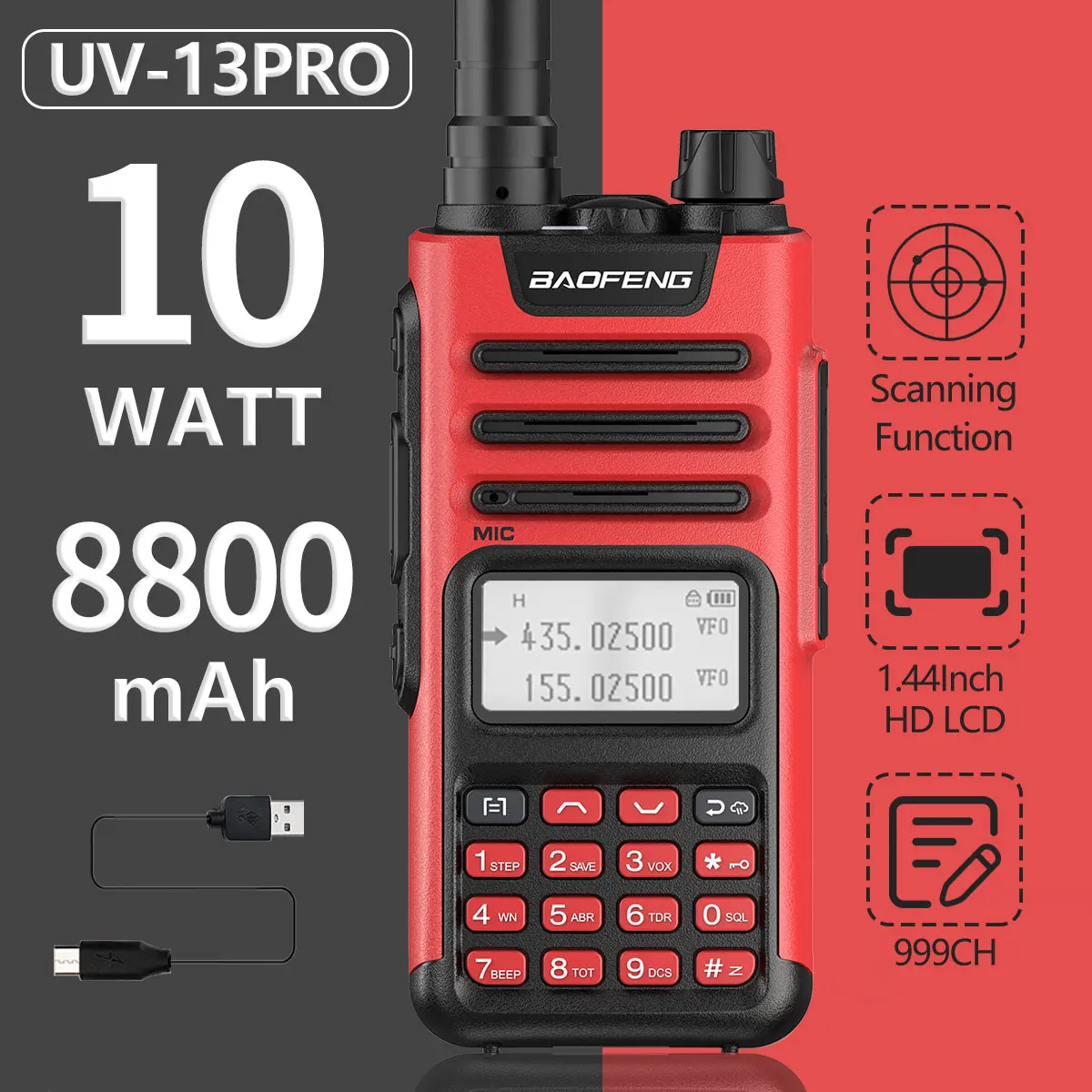 

Портативная рация BaoFeng UV-13 PRO 10W Max Power 999 CH с зарядным устройством USB, улучшенный трансивер