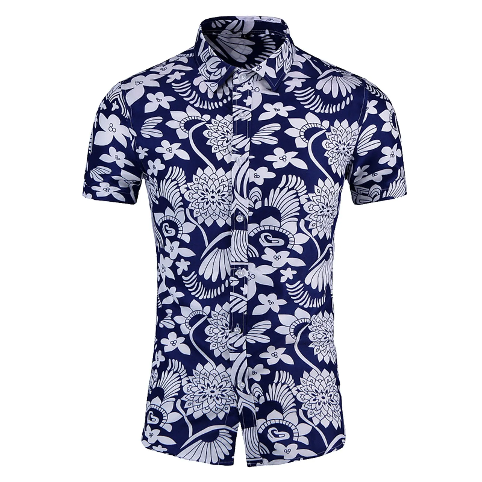 Summer New Mens Slim Print Short Sleeve Shirt Fashion Casual Beach Polyester Shirt Party Breathable