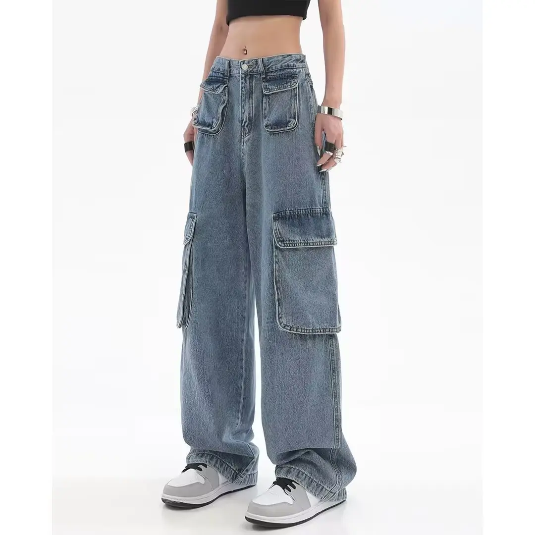 

Прямые женские джинсы в стиле хип-хоп для работы, свободные узкие брюки-трубы с высокой талией и широкими штанинами, брюки-карго для женщин