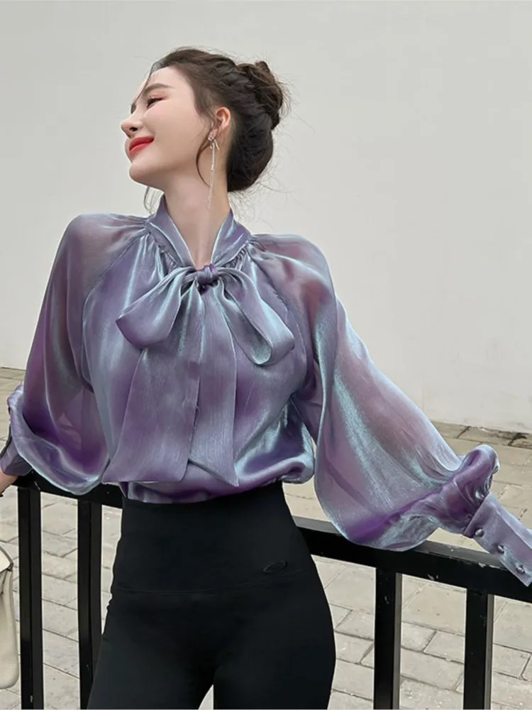 

Women's Chic Pearlescent Lace Up Chiffon Shirt Spring Autumn New Lantern Sleeve Fashion Top OL Overalls Blouse