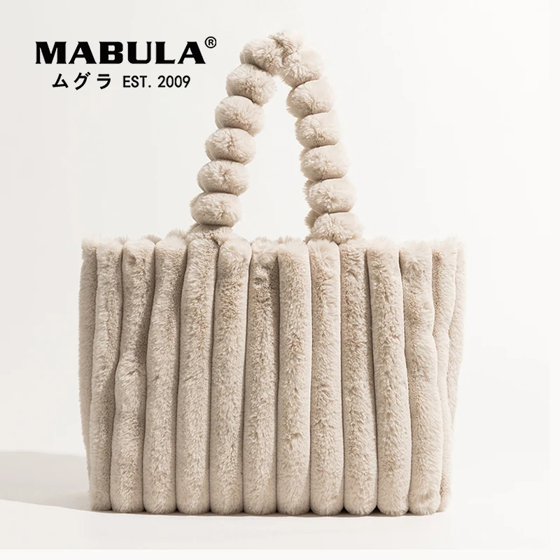 

MABULA Brand Solid Soft Faux Fur Women Tote Handbag 2022 Stylish Pleated Underarm Shoulder Hobo Bag Fashion Winter Satchel Work