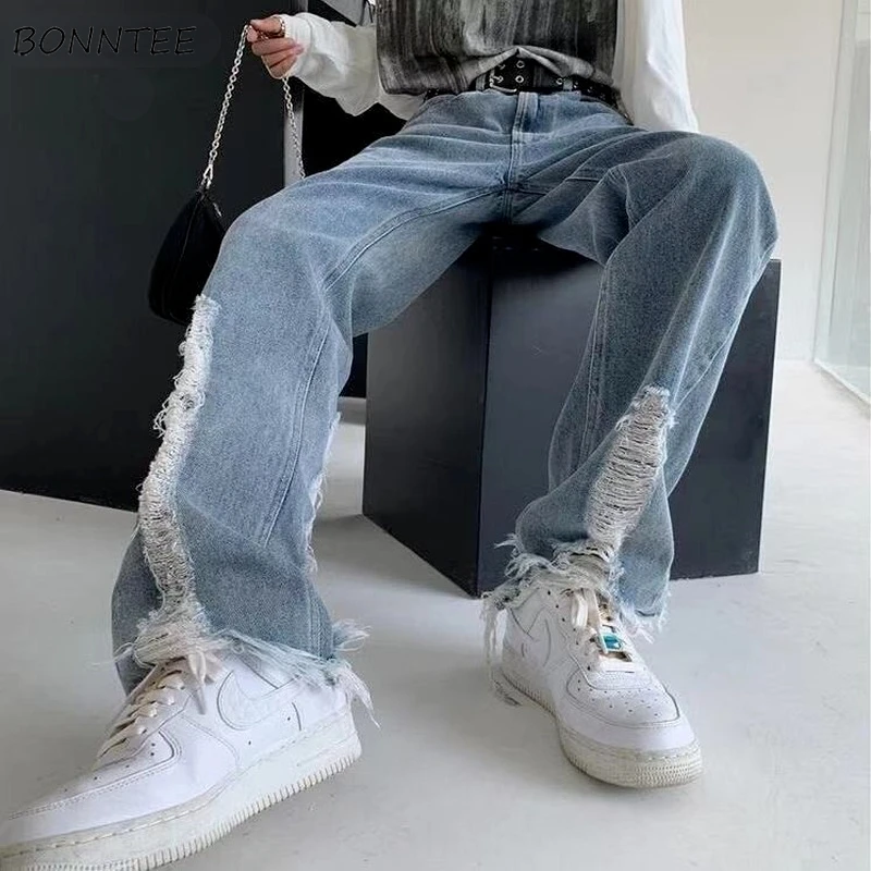 

Ripped Jeans Women High Street Fur-lines Straight Denim Trousers Slender High-waist New S-4XL All-match Retro Novelty Ulzzang