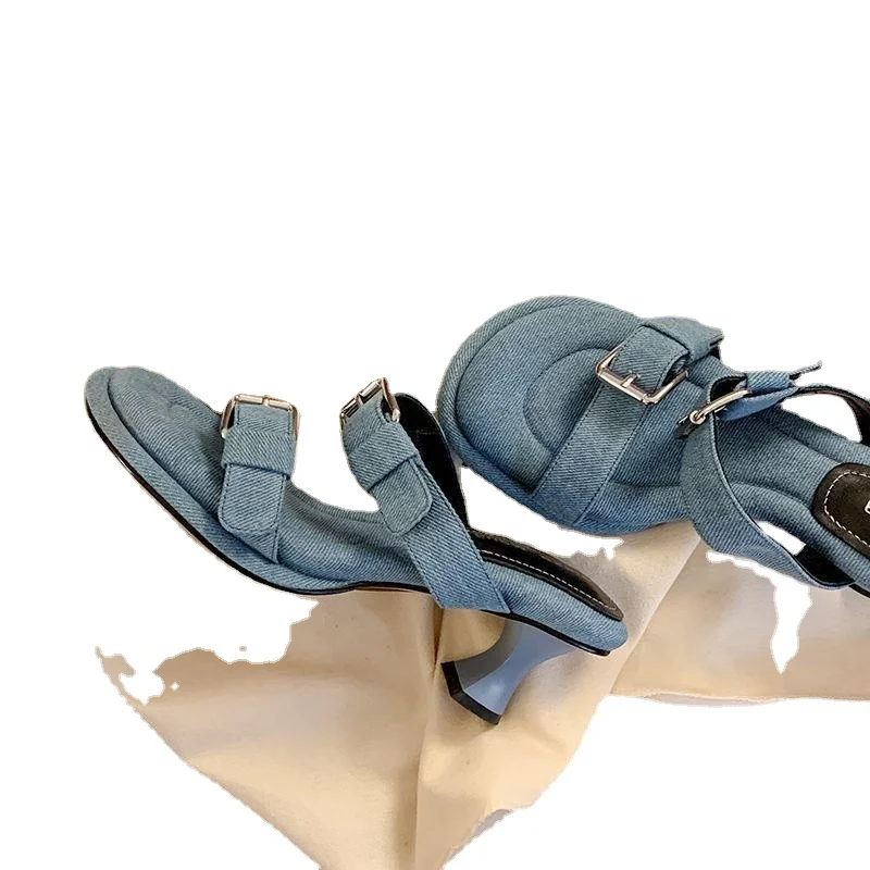 Solid Color Denim High Heel Chunky Heel French Minority Design Open Toe Leisure Vacation Buckle Sandals Women Mary Jane