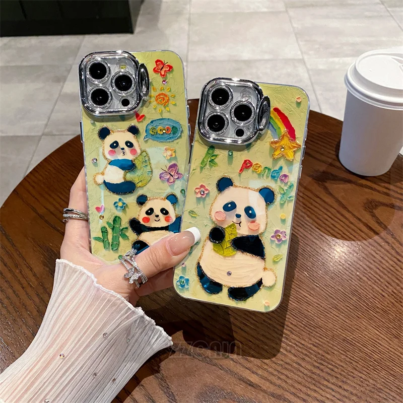 Чехол с милой пандой и фениксом для iPhone 11 12 13 14 15 Pro Max защитная пленка камеры