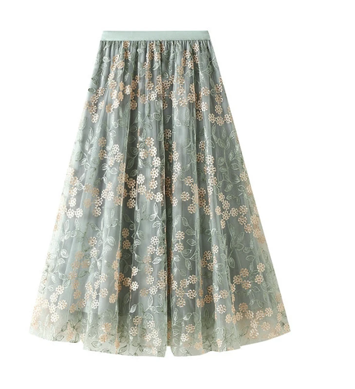 

2022 2022 Spring Autumn New Female High Waist Elasticity Double-layer Mesh Embroidery Skirt Women's Fashion 2W1395