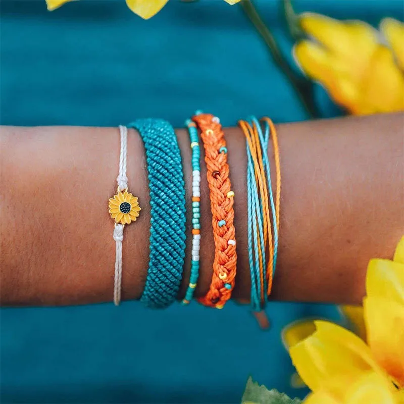 

Hand Braided Wax Waterproof Thread Bracelet Set Bohemian Sunflower Lucky Rope Bracelet For Women Friendship Wristband Jewelry