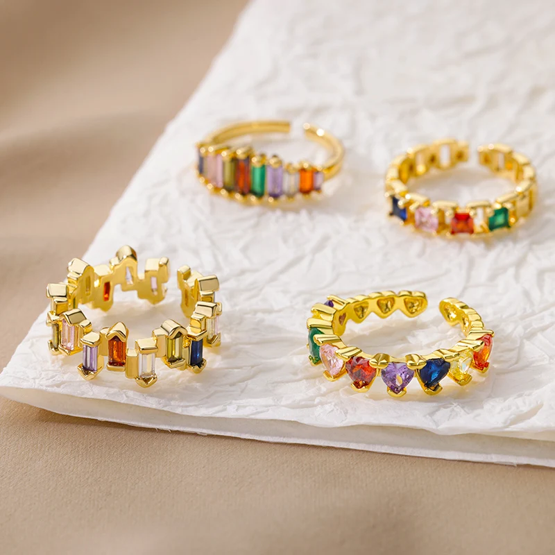 Colorful Zircon Heart Square Rings For Women Stainelss Steel Open  Adjustable Crystal Geometic Ring Wedding Jewelry Gift