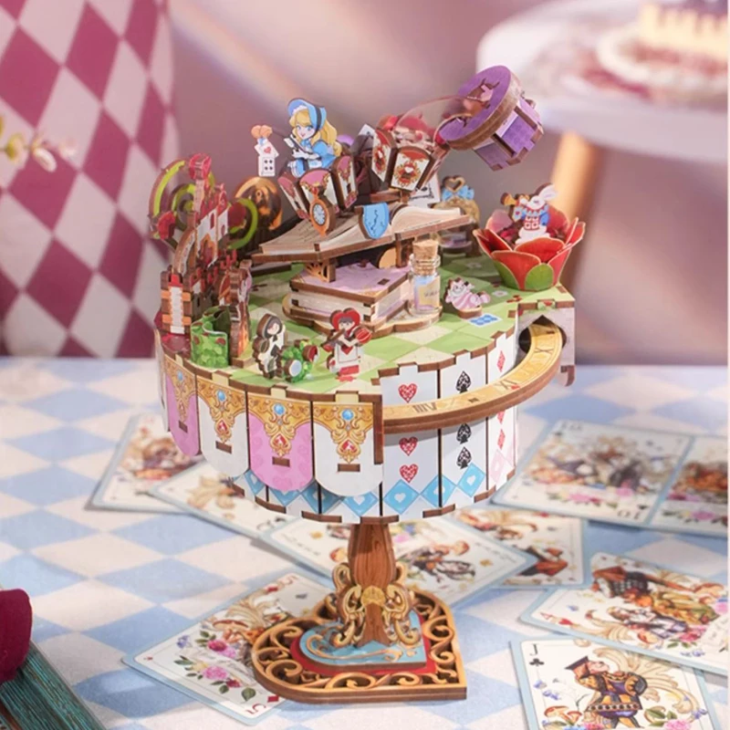 Фото Музыкальная шкатулка для чаепития Alice, сделай сам, деревянная 3D-головоломка, строительные наборы моделей с вращающимся столом, подарок принцессы для девочек на день рождения №5