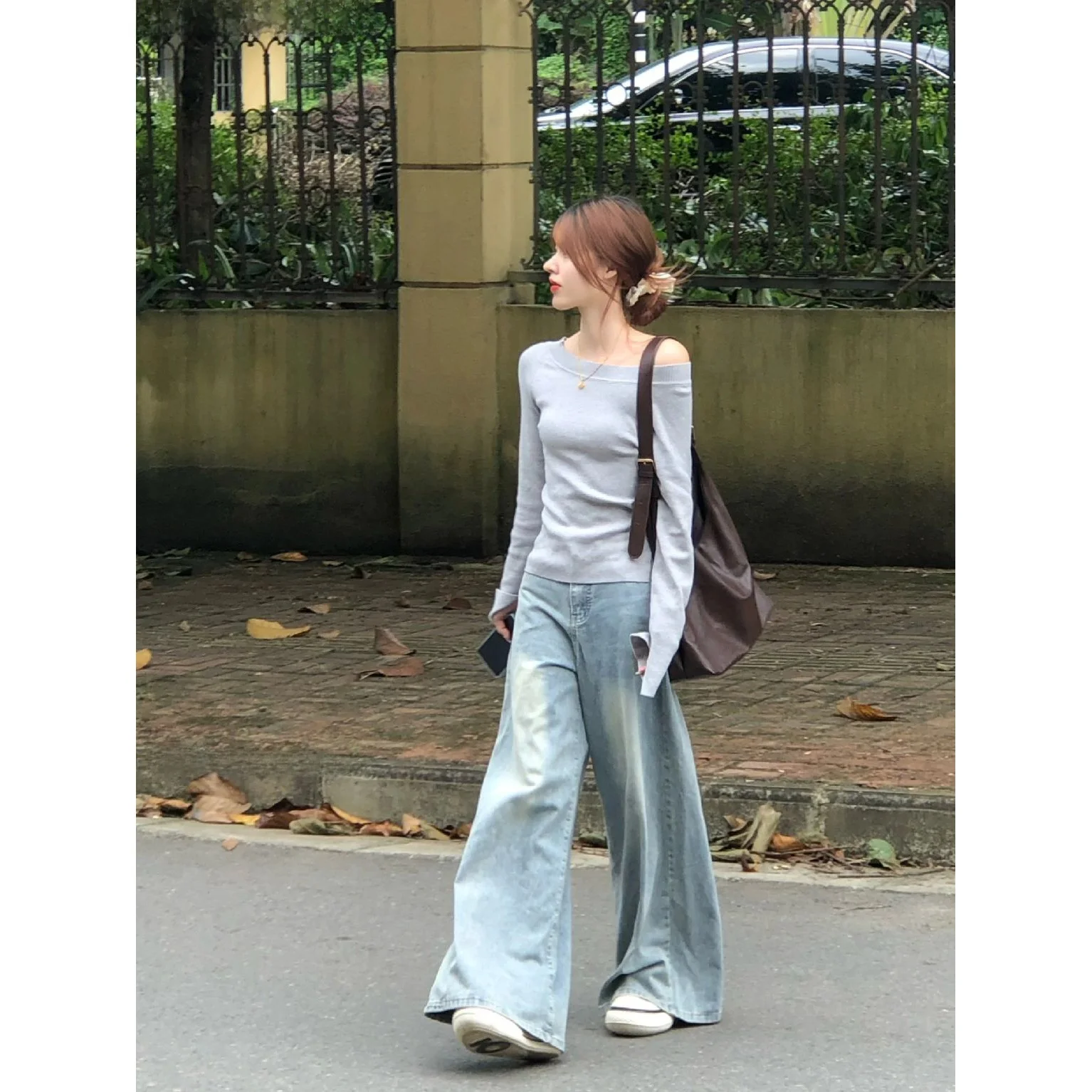 Gray Sloping Shoulder Knitted Bottoming Shirt Women Early Autumn Design off-the-Shoulder Sweater Chic Sweet Gyaru Short...