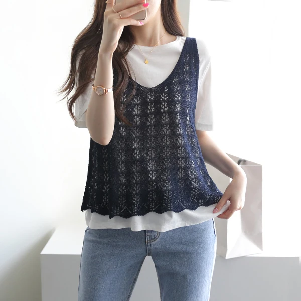 

루즈핏 브이넥 펀칭 스카시 니트 조끼 베스트 여름 피톤펀칭조끼