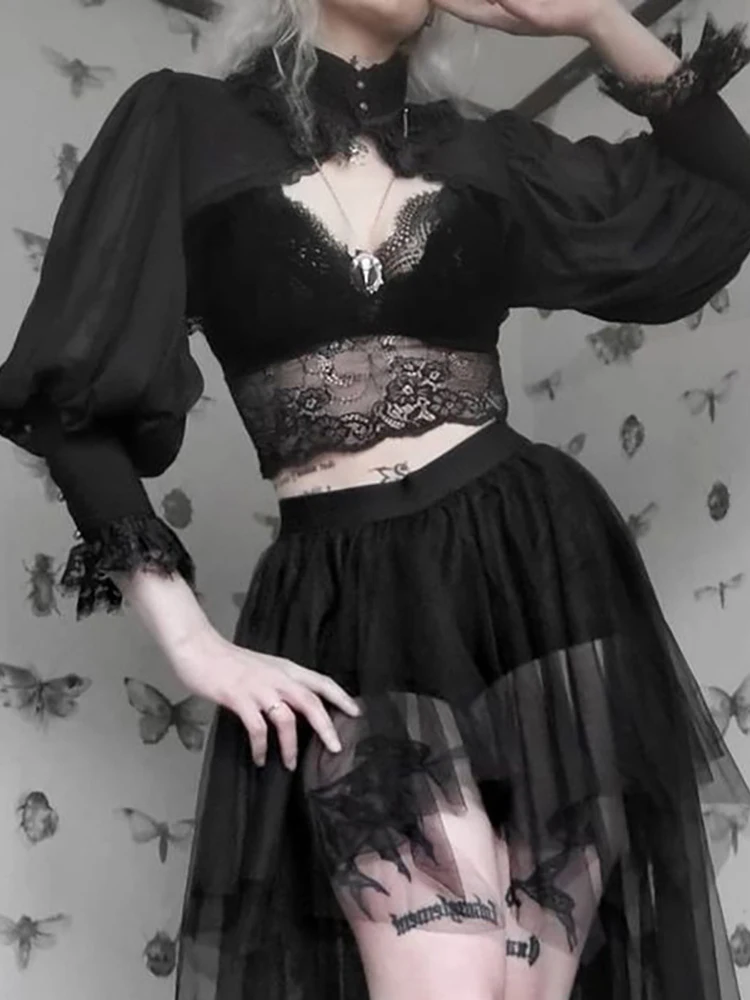 Женские винтажные Блузы кроп Goth Dark черные элегантные блузы с высоким воротником