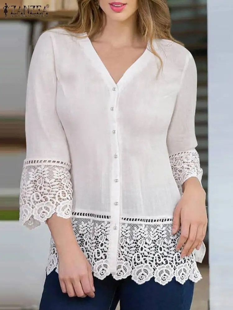 

ZANZEA Summer Casual Loose Tunic Tops Bohemian Woman Lace Patchwork Blouse Flare Sleeve V-Neck Shirt Fashion Holiday Chemise