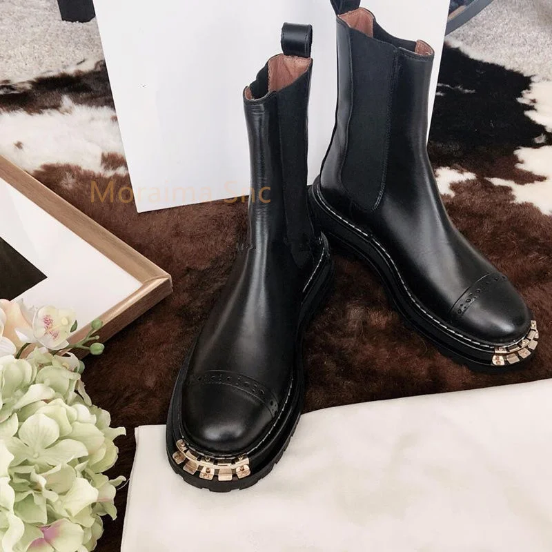 Thick Sole Ankle Boots for Women British Style Short Boots Round Toe Metal Decor Female Shoes Chelsea Boots Spring Autumn