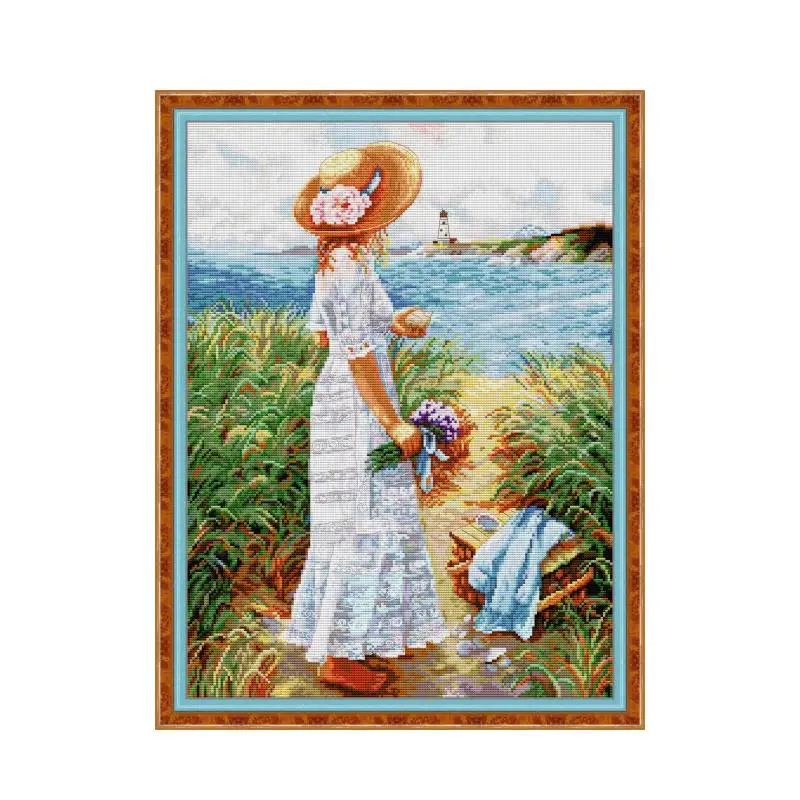 

Girl Holding Flowers By The Sea Pattern Cross Stitch Kits DIY Hand Embroidery 14CT 11CT Count Printed Canvas Fabric Sewing Set