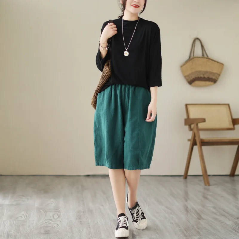 Women 2023 Summer New Solid High Waist Pocket Wide Leg Pants Casual Loose Shorts Cotton Linen Capris Elastic Waist Trousers