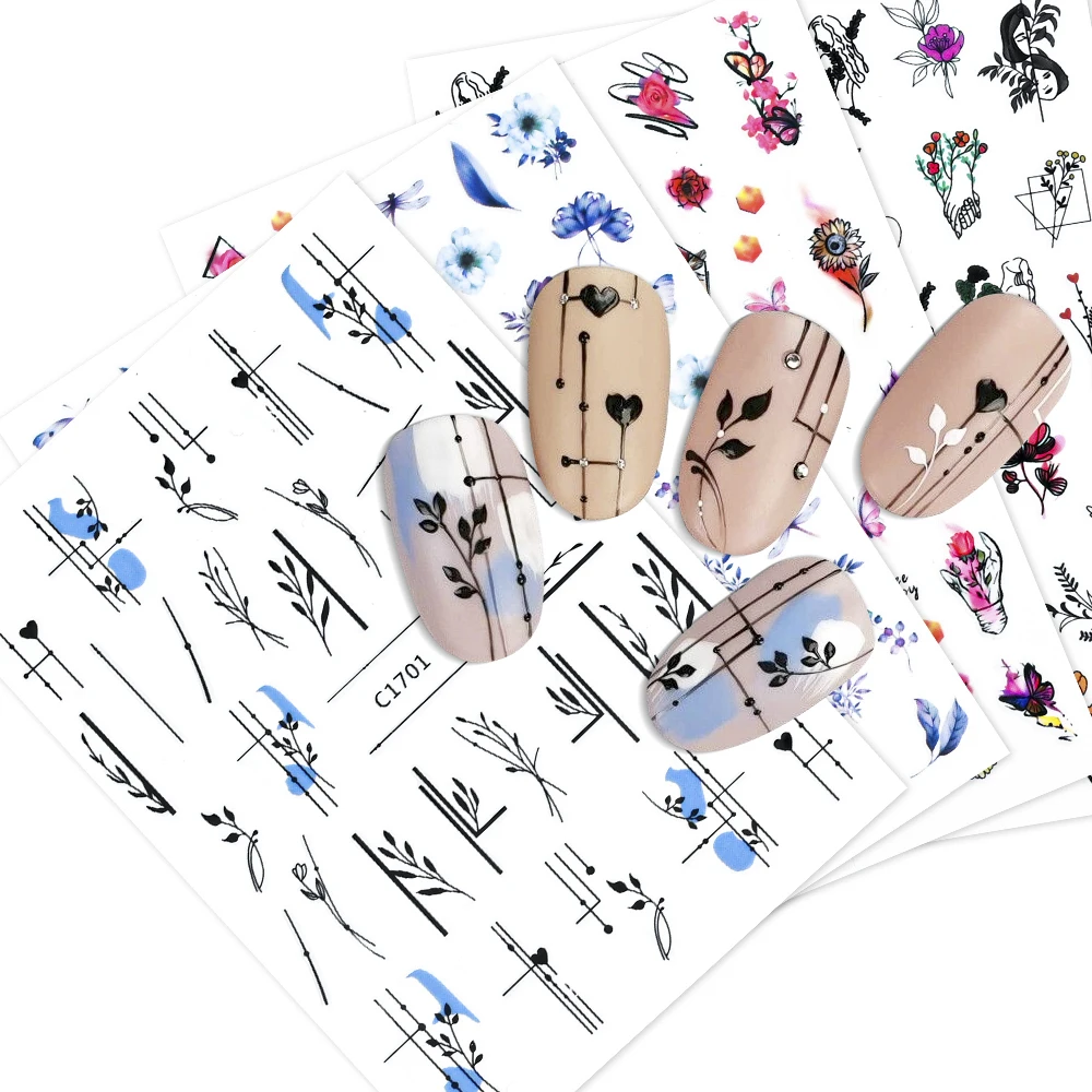 

1 лист цветущие чернила Цветочные наклейки 3D наклейки для ногтей талисманы бабочки Цветочные листья Переводные Геометрические линии слайд...