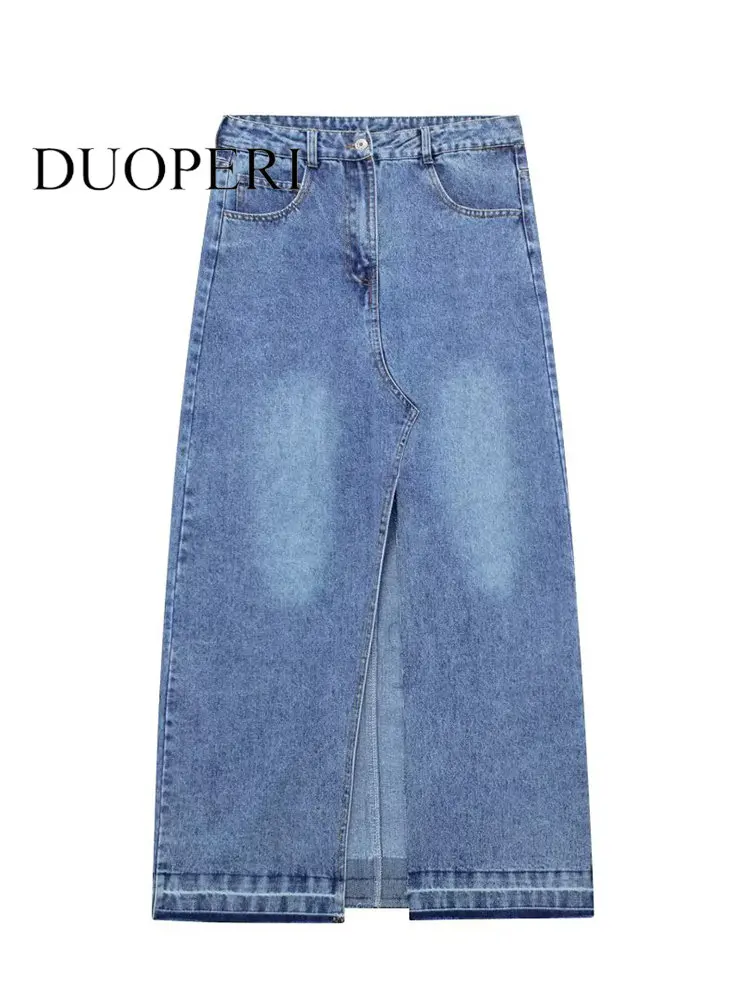 

Юбка DUOPERI женская джинсовая средней длины, модная винтажная шикарная юбка с завышенной талией, на молнии, с разрезом спереди, синяя