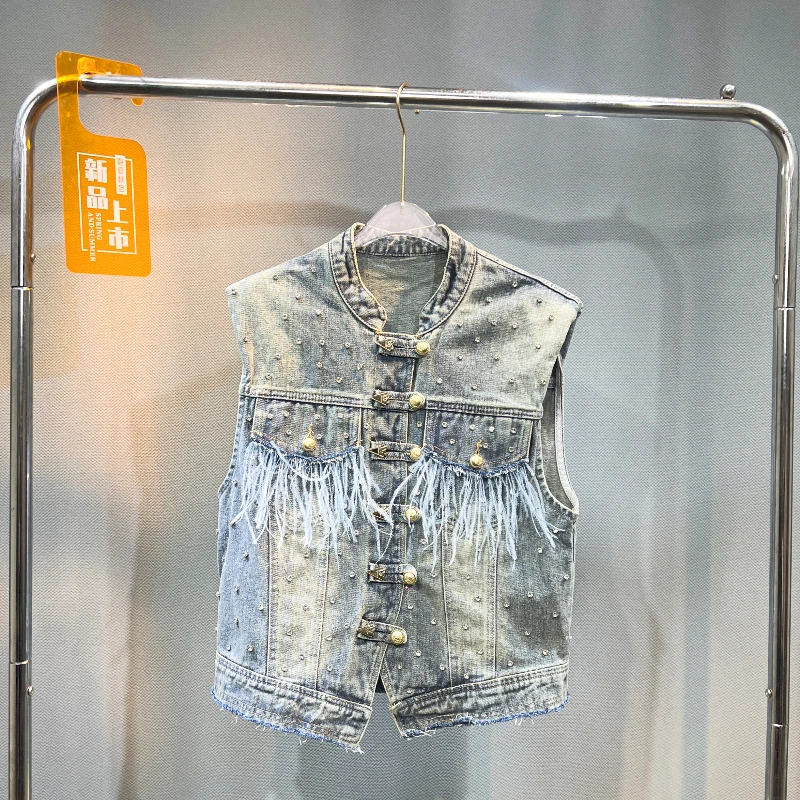 Женская Осенняя куртка без рукавов новинка 2024 модный однобортный джинсовый