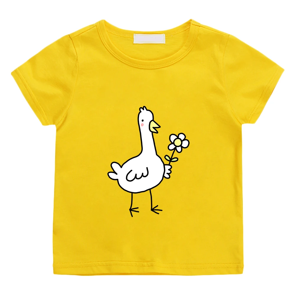 

Brief Strokes Shy Flower Goose T-shirt 100% Cotton Summer Cartoon Tee-shirt Short Sleeve Boys and Girls Tshirts Kawaii Print Tee