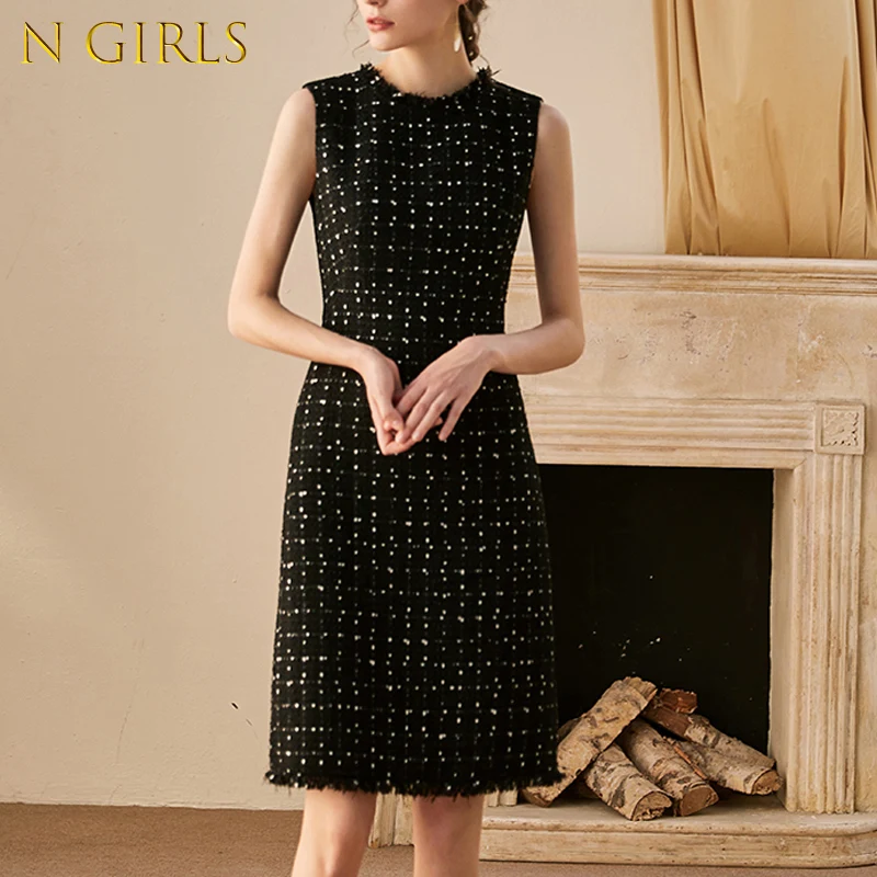 

N GIRLS Professional Dress Black New Spring / Summer Autumn Tweed Dress Little Fragrance Elegant Office Ladies Slim One-Piece