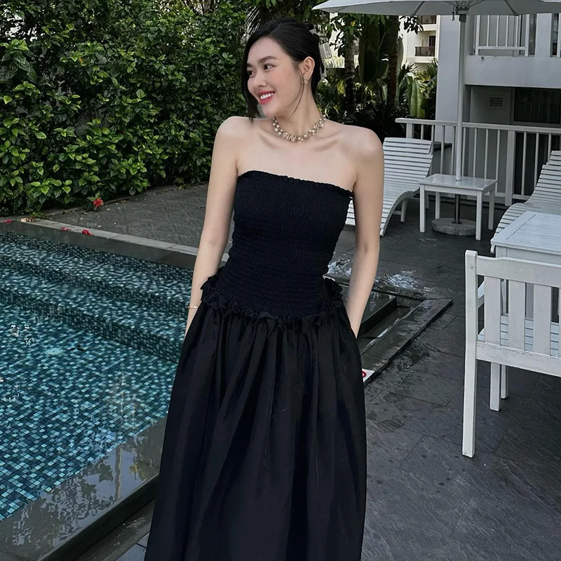 

Summer Women Fashion Strapless Long Dress Ruched Frills Solid Color Backless Party A-line Dress