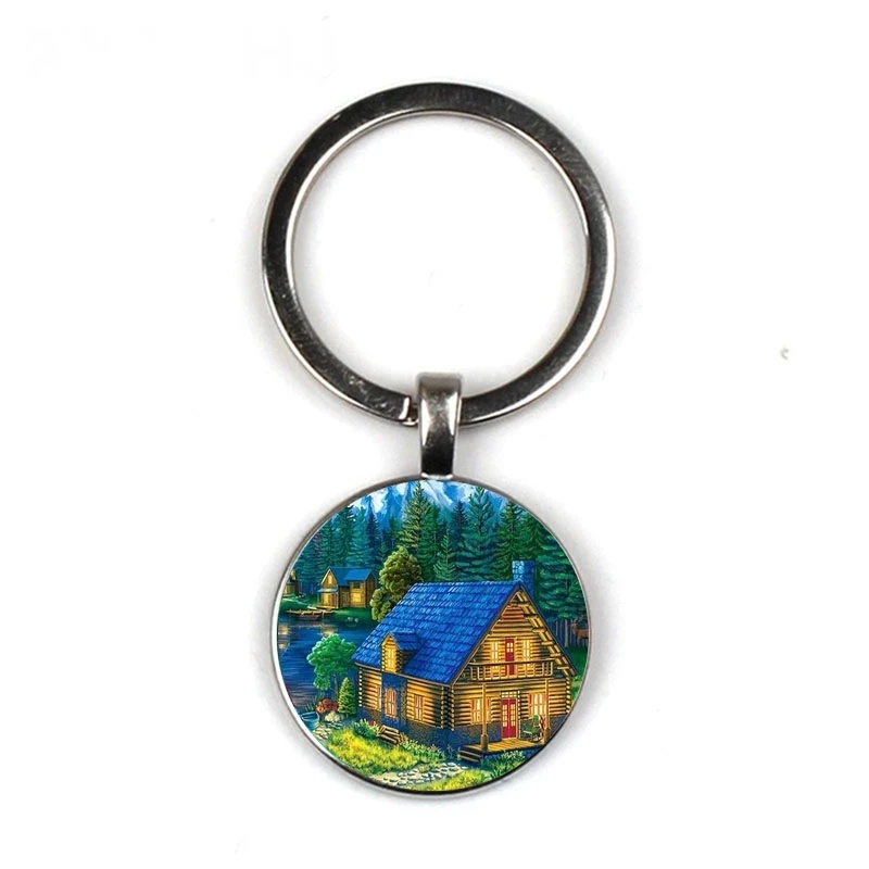 

Painting Country House Painting Fashion Keychain, Handmade 25mm Round Glass Pendant Fashion Keychain