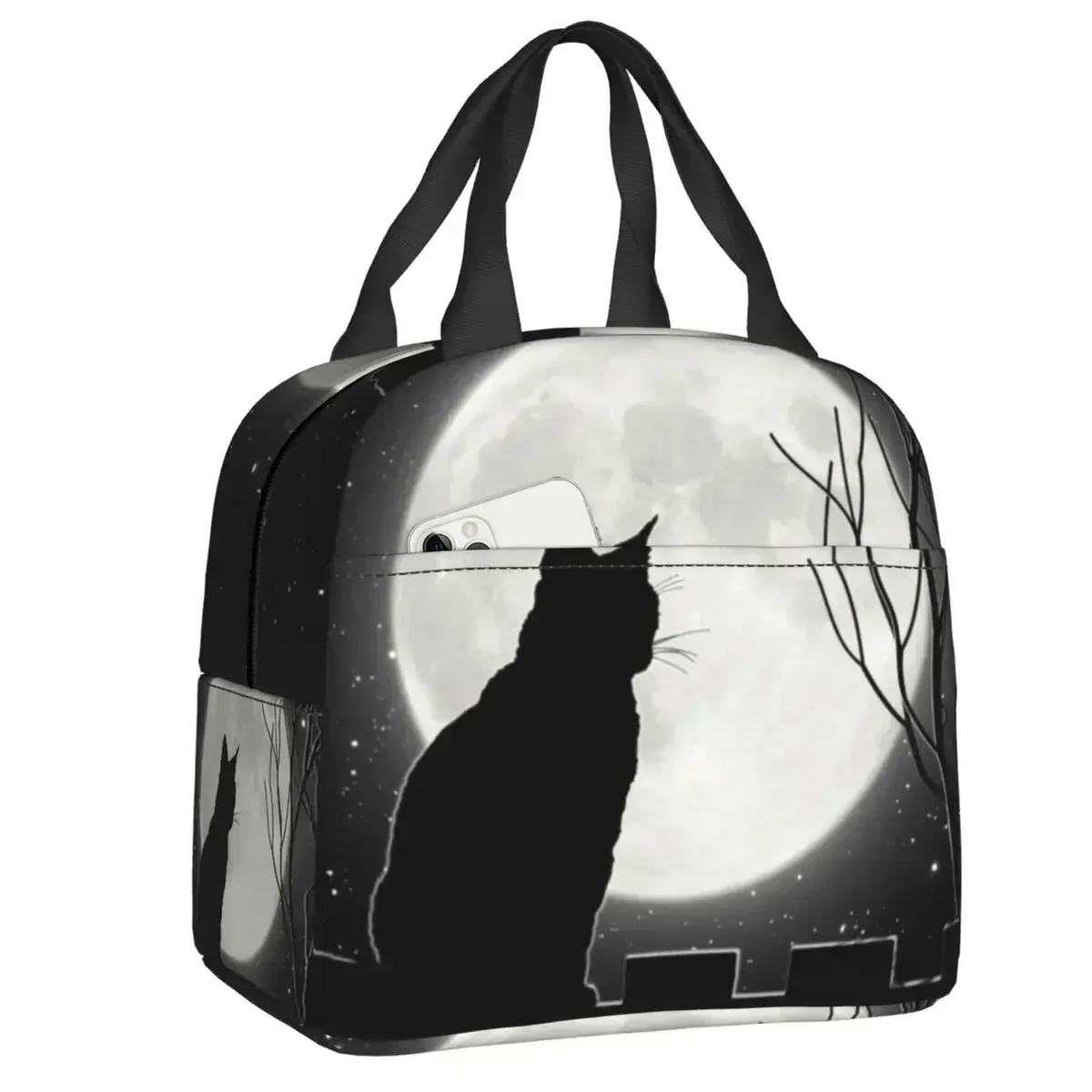 

Изолированная сумка-тоут для ланча с изображением черного кота, смотрящего на всю луну, для женщин, мультяшный портативный термоохладитель с изображением животного, коробка для бенто