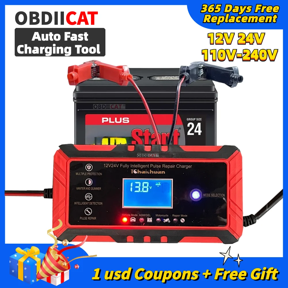 OBDIICAT-C24 12V 24V Auto Fast Charging Tool Kit AC 110V-240V AGM GEL WET Lead Acid Repair Intelligent Car Battery Charger
