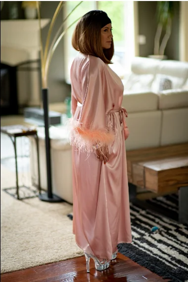 Pink Feather Floor Length Maxi Dressing Gown Robes Long Bridal Robe Boudoir Bridesmaid Gifts Satin Trim Bride Kimono Wedding