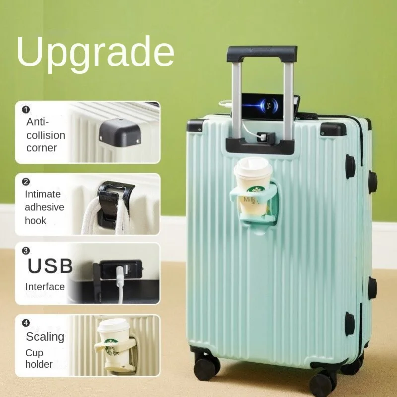 New Multi-Functional Aluminum Frame Suitcase Band USB Cup Holder Trolley Case Female Boarding Travel Luggage Free Shipping
