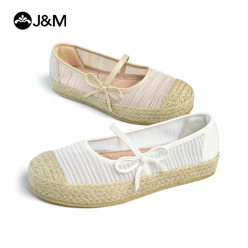 

Женские рыбацкие туфли J & M, белые пеньковые Эспадрильи с круглым носком, лоферы, резиновые слипоны, Повседневная сетчатая кружевная обувь с бантом