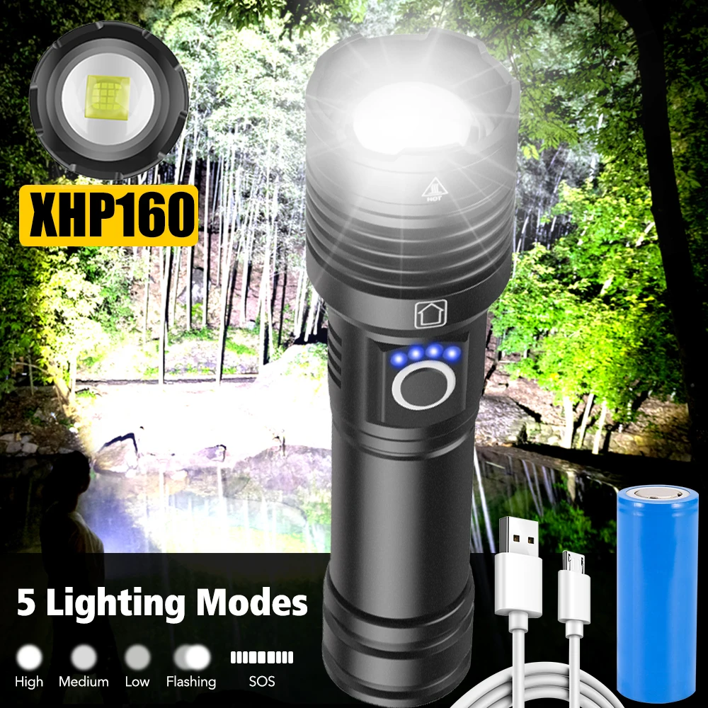 

Xhp160 FlashLight Most Powerful Flash light 5 Modes Usb Zoom Led Torch with 18650 Battery