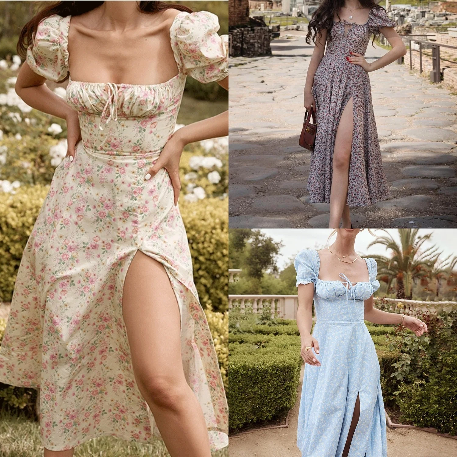 

Платье женское летнее с открытой спиной, Элегантное Длинное пикантное платье с буффами на рукавах, с цветочным принтом, с разрезом на талии