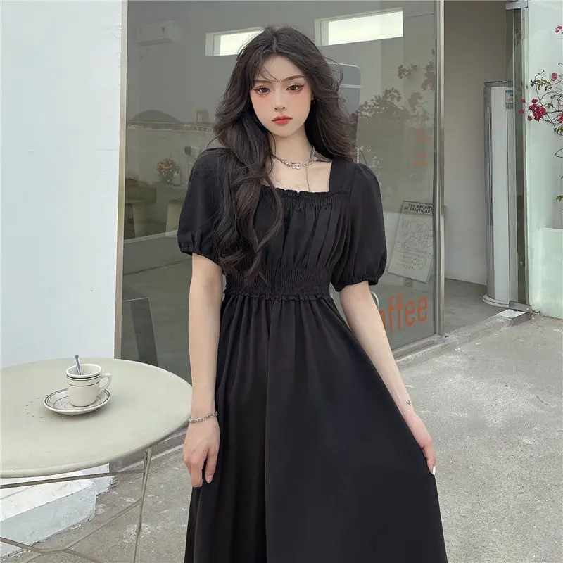 

2022 Summer New Elastic Black High Waist Square Collar Super Fairy Temperament Gentle Dress Big Swing Drape Waist Long Skirt