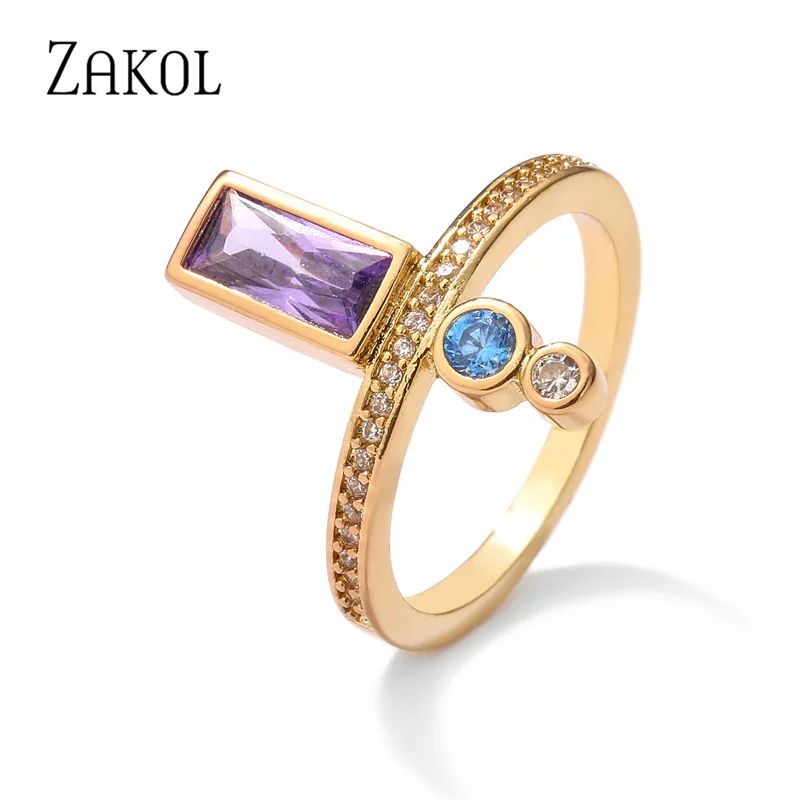

ZAKOL Multicolor Rectangle Zirconia Finger Rings for Women Retro Geometric Purple Crystal Ring Fashion Girls Party Jewelry