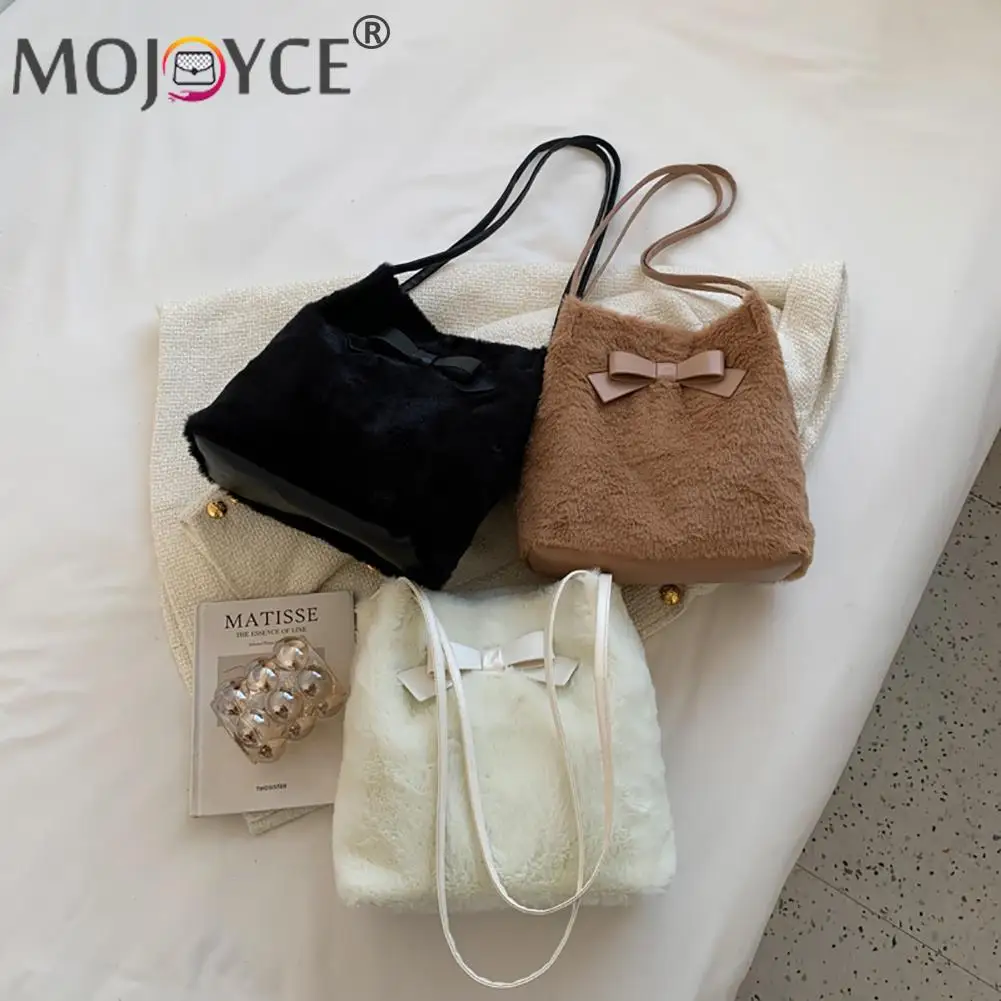 

Повседневная универсальная осенне-зимняя женская сумка через плечо из мягкого полиуретана с Плюшевым Мехом и бантом, модные однотонные мал...