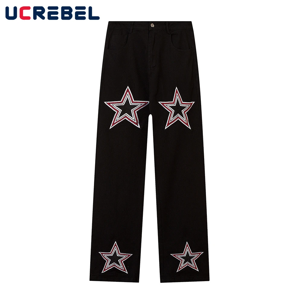 

Five-pointed Star Embroidery Denim Pants Mens Straight-leg Pants Streetwear Color Block Casual Trousers Men