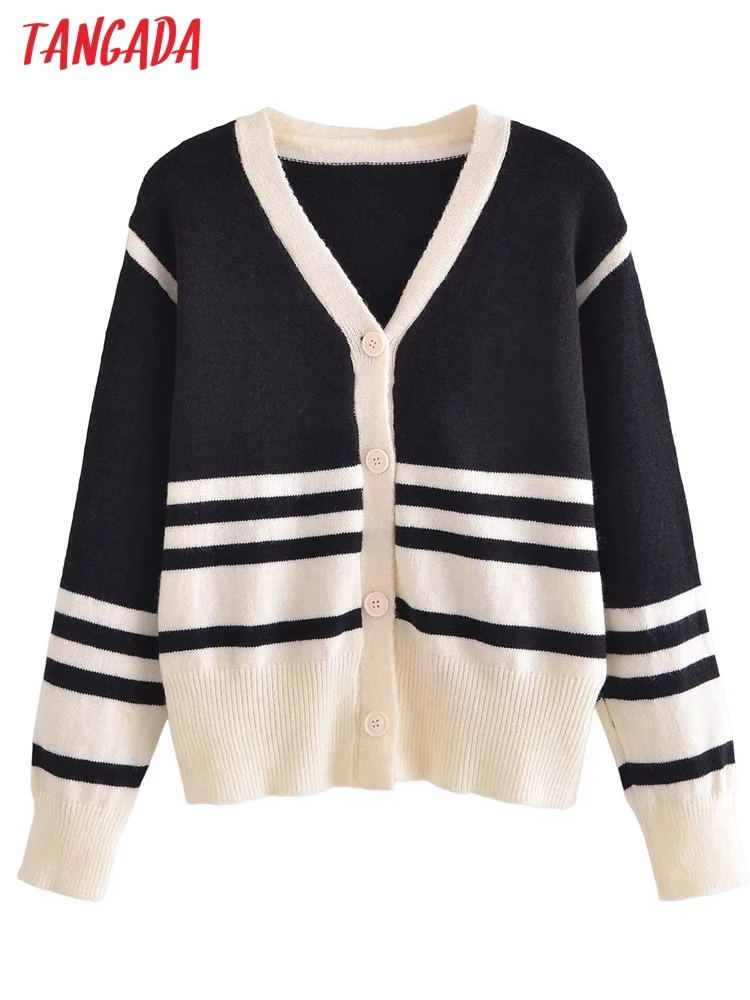 

Tangada Women Striped Cardigan Vintage Jumper 2022 Female Knitted Cardigan 3W53