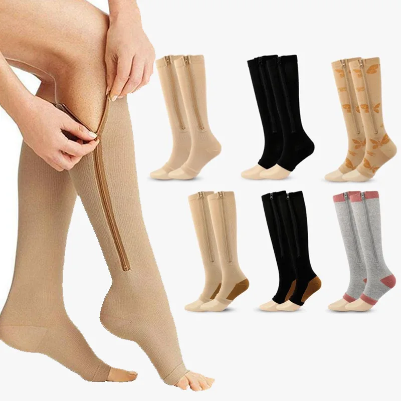 

1 Pair Zipper Compression Socks Women Men Fitness Sports Stockings Pain Relief Knee High Socks Leg Sleeve