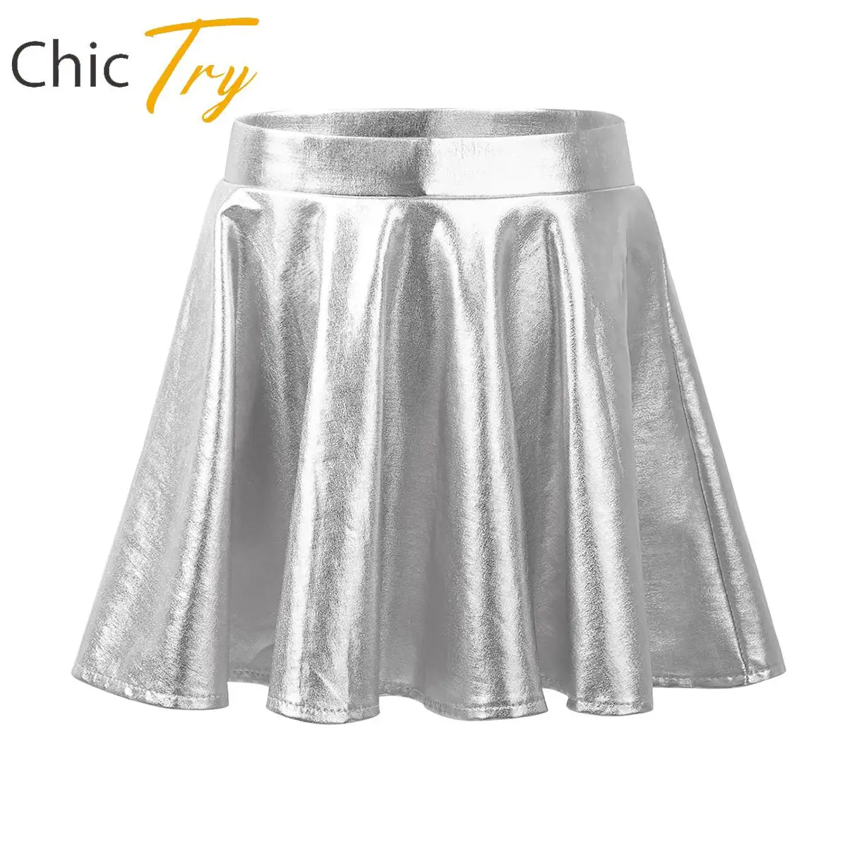 

Kids Girls Glossy Pleated Skirt Metallic Flared A-Line Skirts Modern Jazz Dance Mini Skirt Stage Performance Shiny Skater Skirt