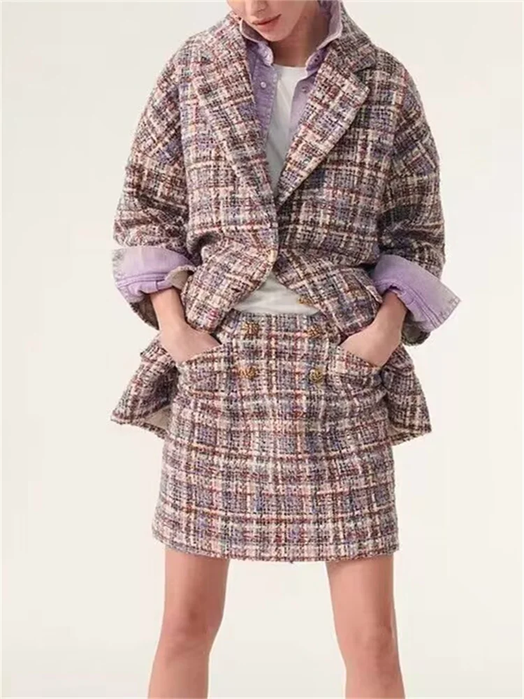 

Женский элегантный твидовый костюм во французском стиле, пиджак с отложным воротником или юбка мини контрастных цветов с высокой талией, Осень-зима 2023