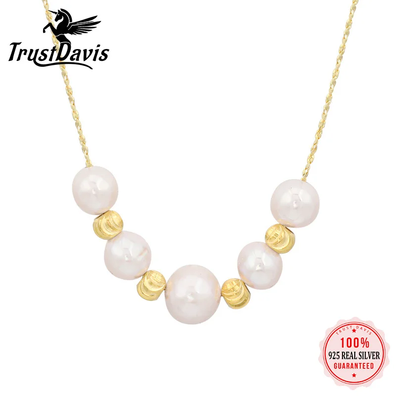 

TrustDavis 925 Sterling Silver Necklace Fashion Temperament Silver Gold Baroque Pearl Beaded Clavicle Chain for Women Girls K038