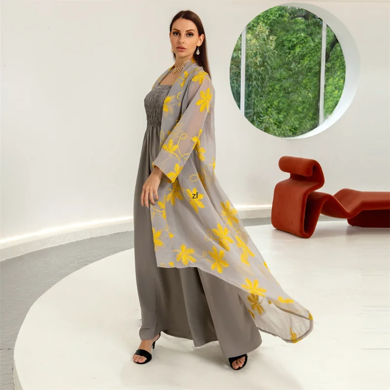 Elegant Casual Women's Dresses Abayas For Women Muslim 2 Pieces Set Mesh Floral Embroidery Lace Belted Kaftan Dress Moroccan