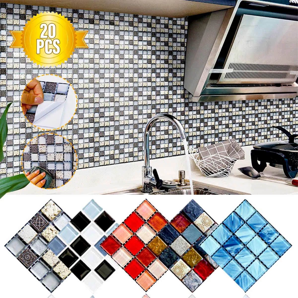 

20 Pcs Mosaic Wall Tile Sticker Self Adhesive Removable PVC Wallpaper Waterproof 3D Art Decals for Home Kitchen Bathroom Decor